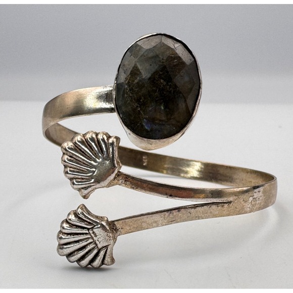Silver Tone Faceted Labradorite Sea Shell Wrap Bangle Adjustable Boho Bracelet - Picture 7 of 12